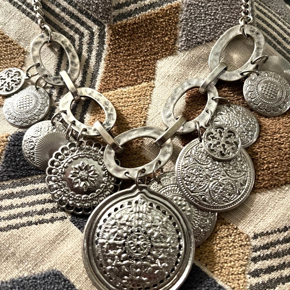 Silver-Tone Coin Pendant Statement Necklace - Women - Picture 3 of 7